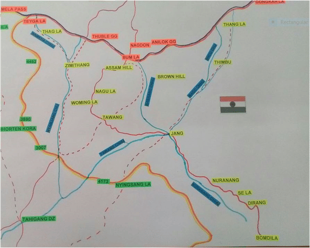 Schematic sketch showing the advance of the Chinese to Sela between 20 October and 20 November 1962.